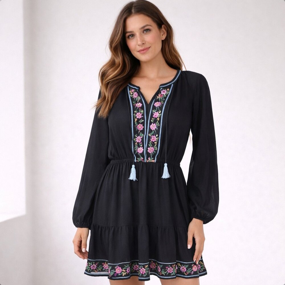 Design History Embroidered Boho Peasant Dress Women L Navy Floral Tassel